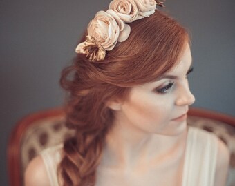 Wedding flower crown - Beige flower headpiece - Wedding headband