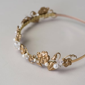 Edwardian style headpiece with brass flowers, pearls and subtle crystal accents
