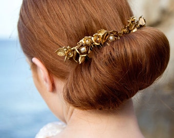 Gold bridal hair vine, Flower hair comb, Floral wedding headpiece - Roselle