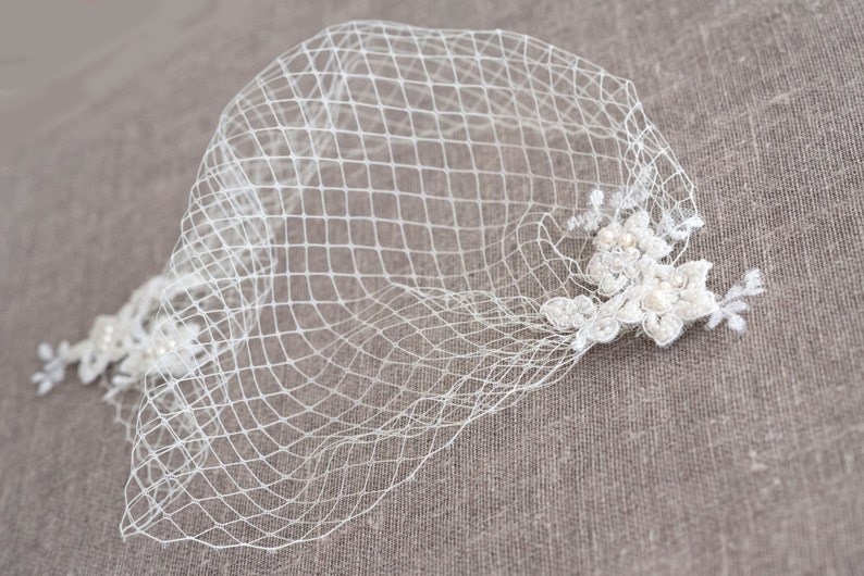 Bandeau birdcage veil, Ivory birdcage veil, Birdcage veil with beaded lace image 4