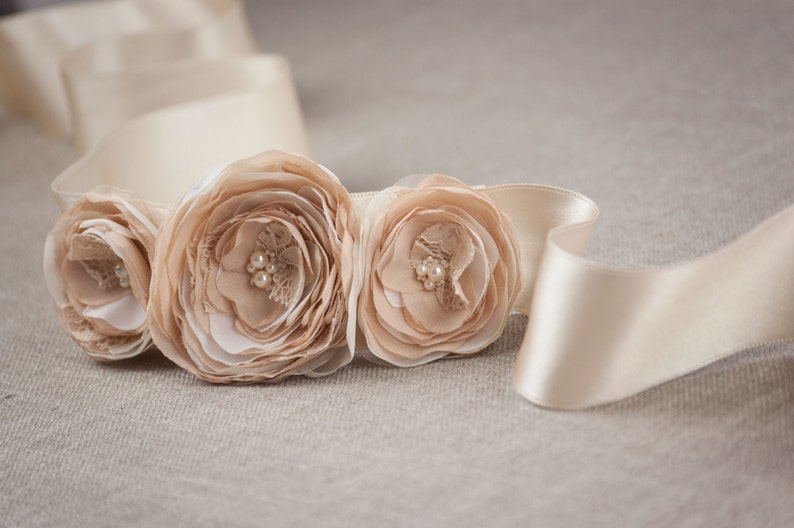 Rustic wedding sash, Wedding belt, Flower sash, Beige wedding sash, Champagne belt, Floral bridal belt ZEA image 2