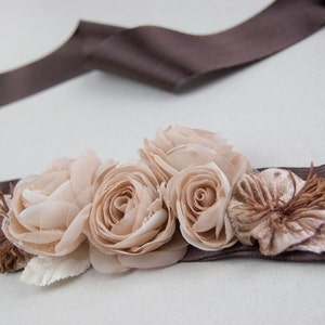 Wedding dress sash, Floral sash, Brown bridal belt, Belt for wedding dress image 4