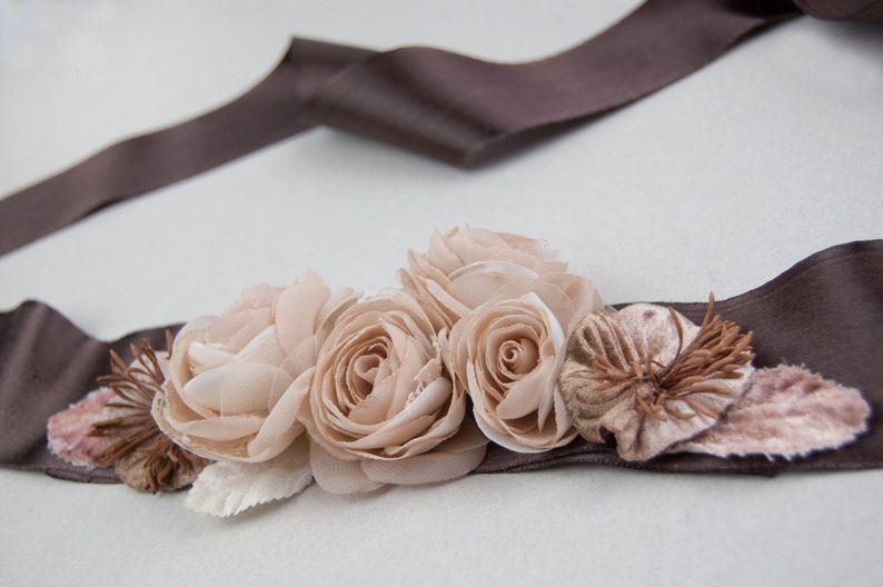 Wedding dress sash, Floral sash, Brown bridal belt, Belt for wedding dress image 4