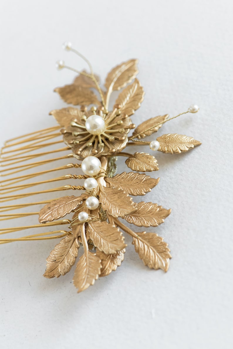 Gold leaf hair comb, Bridal side comb, Gold leaf comb, Gold hairpiece, Gold hair comb DEMETER image 2