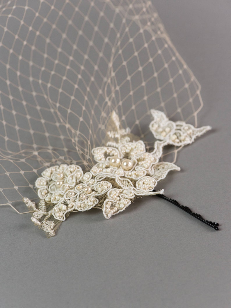 Lace birdcage veil, Champagne birdcage veil, Wedding veil image 3