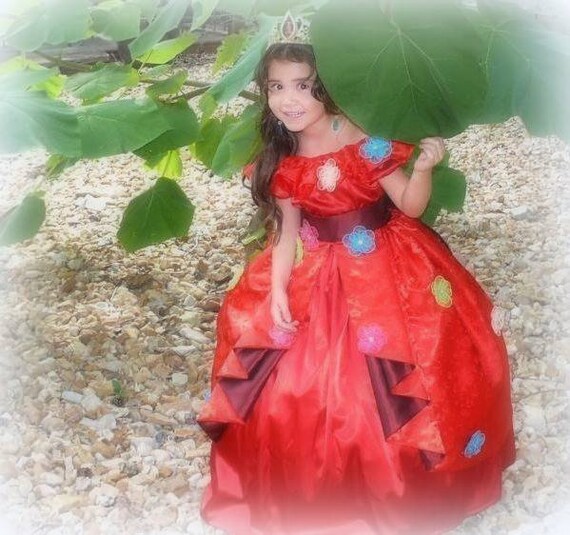 Princess Elena of Avalor Coronation Costume Ball Gown in Red Satin and Brocade