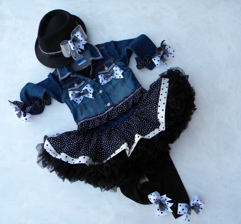 Rock n Roll Pageant 5 Piece Set Includes: Poofy Skirt Cami Fedora Hat with Bow Blinged Out Denim Jean Jacket Legging