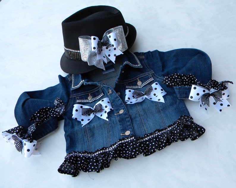 Rock n Roll Pageant 5 Piece Set Includes: Poofy Skirt Cami Fedora Hat with Bow Blinged Out Denim Jean Jacket Legging