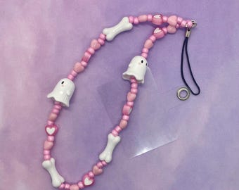 Pink and White Cute Ghost kawaii Bones Hearts Phone Charm Wrist Strap Safety bracelet Festival Emo