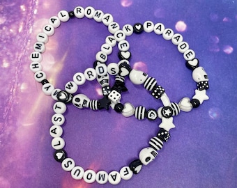 My Chemical Romance Black Parade Famous last words friendship style beaded bracelets set of 3 black white skulls dice stars emo alternative