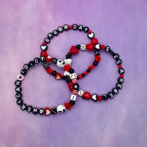 Green Day friendship style beaded bracelet black red white skulls dice stars emo alternative pop punk music American Idiot she’s a rebel