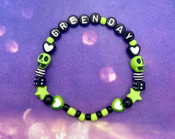 Green Day friendship style beaded bracelet black green white skulls dice stars emo alternative pop punk music American Idiot