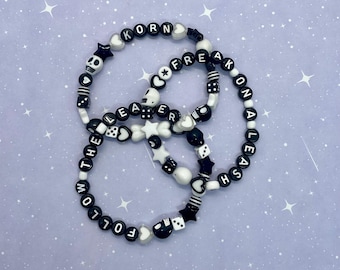 Korn Freak on a Leash Follow the Leader friendship style beaded bracelets set of 3 black white skulls dice stars emo alternative metal music