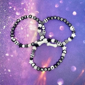 System of a Down Chop Suey Toxicity friendship style beaded bracelets set of 3 black white skulls dice stars alternative metal music Y2K