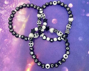 My Chemical Romance Black Parade Famous last words friendship style beaded bracelets set of 3 black white skulls dice stars emo alternative