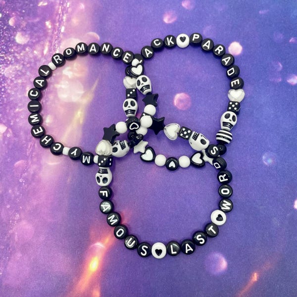 My Chemical Romance Black Parade Famous last words friendship style beaded bracelets set of 3 black white skulls dice stars emo alternative