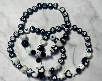 My Chemical Romance Black Parade Famous last words friendship style beaded bracelets set of 3 black white skulls dice stars emo alternative