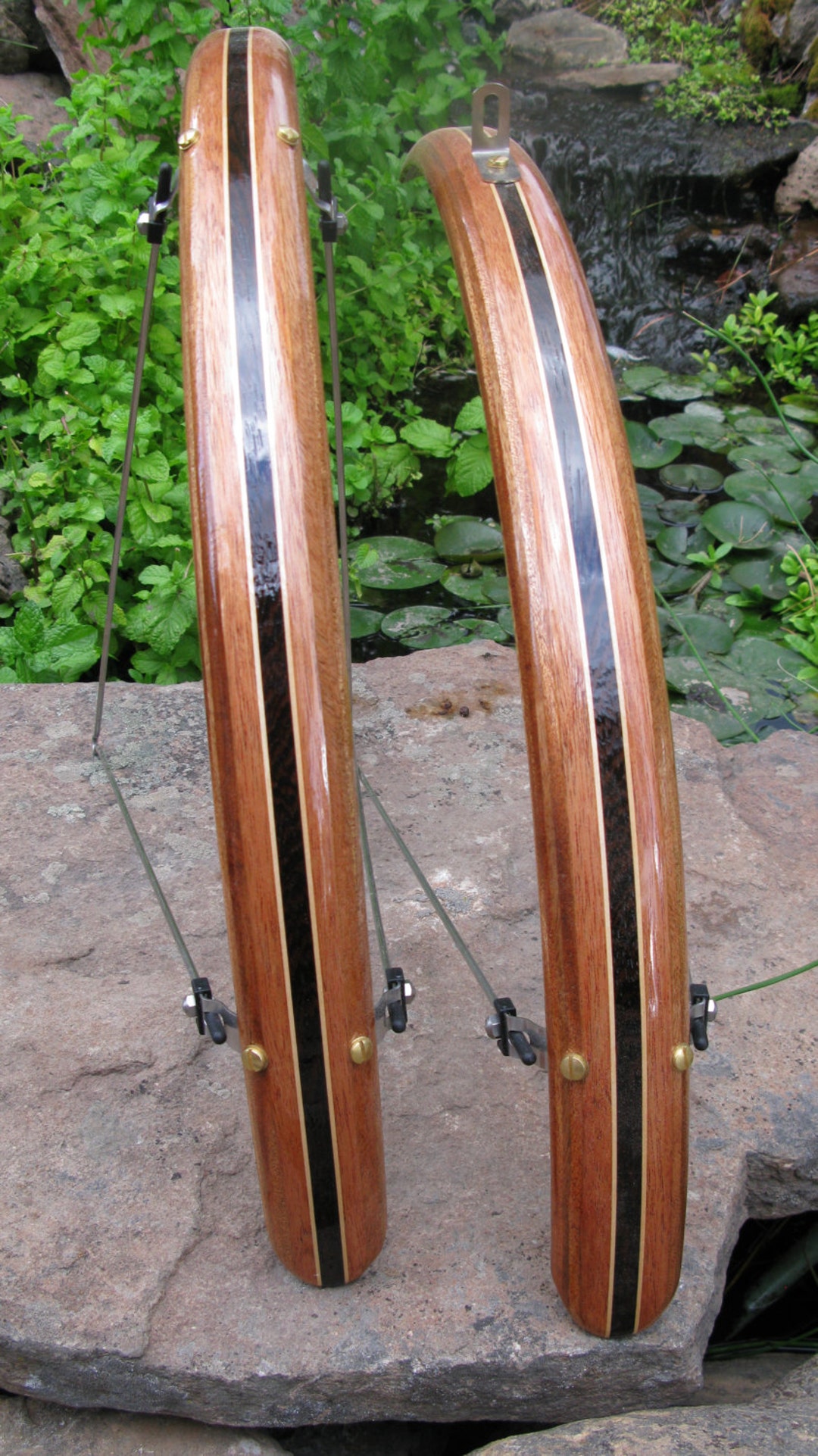 Wood Bicycle Fenders- Fully Shaped Compound Curve Mahogany with Wenge center stripe.  Mud guard, bike, touring bike, urban, wood, woody, NYC