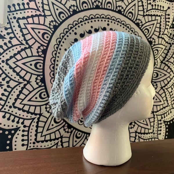 PRE-ORDER Grey Trans Flag Crochet Slouchy Beanie, Transgender Slouch Beanie, Unisex Slouchy Hat, Hipster Slouch Hat, Trans Pride