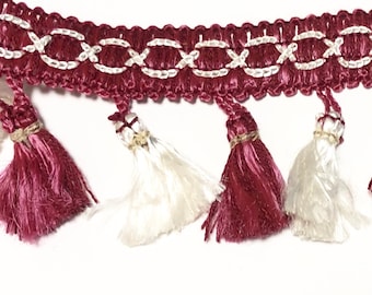 3ft Vintage Maroon & Cream Tassel Fringe Trim - 2.25" Wide