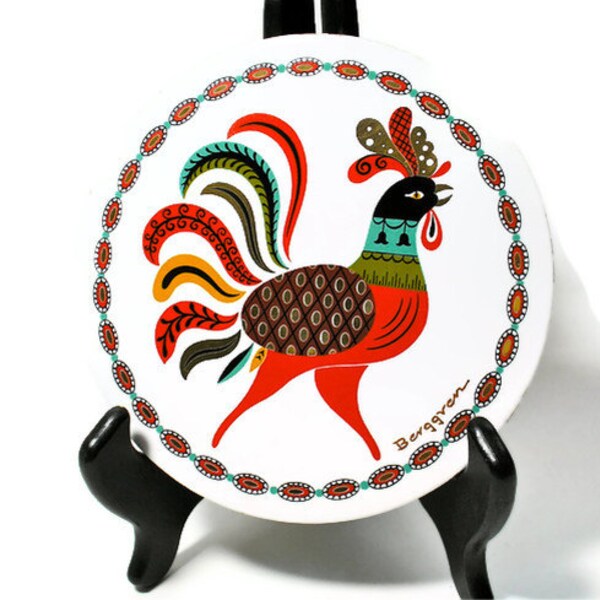 Vintage Breggren Hand Screened Rooster Trivet in Vibrant Colors