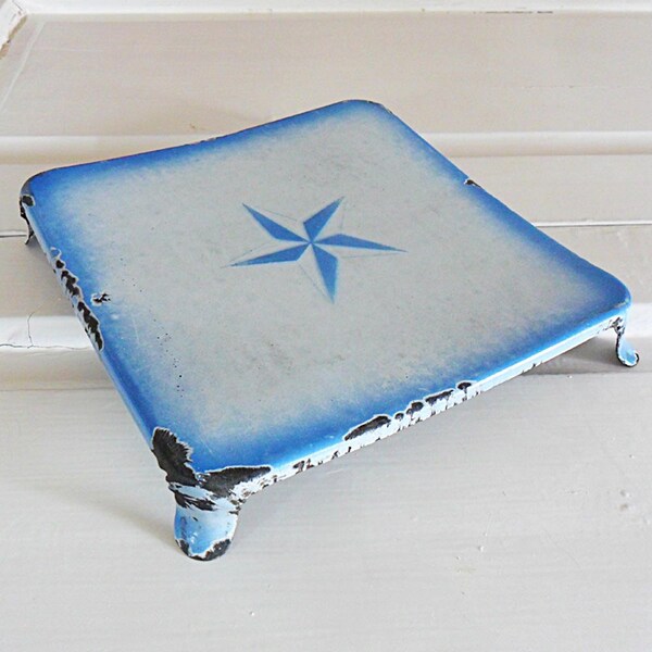Vintage French Blue and White Enamel Pot Stand