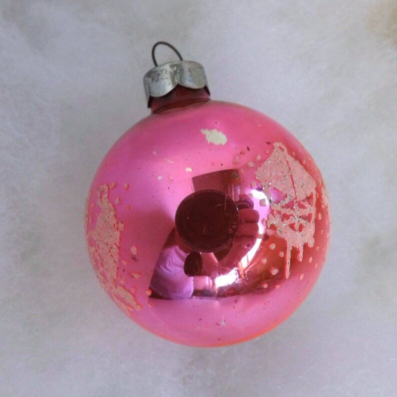 Vintage Christmas mica stenciled children carolers hot pink mercury glass ornament