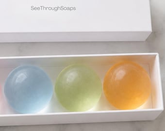 Kristallklares Seifen-Geschenkset | 3 transparente, handgefertigte Seifen mit Seifenständer | Dekorative Seifenbox | Einzigartiges Geschenk | Badezimmerdeko