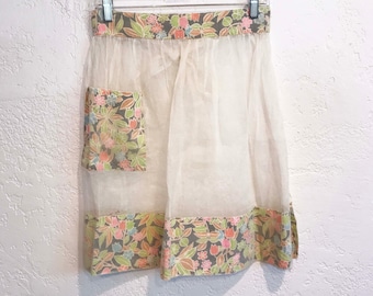 Vintage Handmade Apron, Chiffon Over Floral Pattern Hem, Pocket and Waist Tie, So Sweet