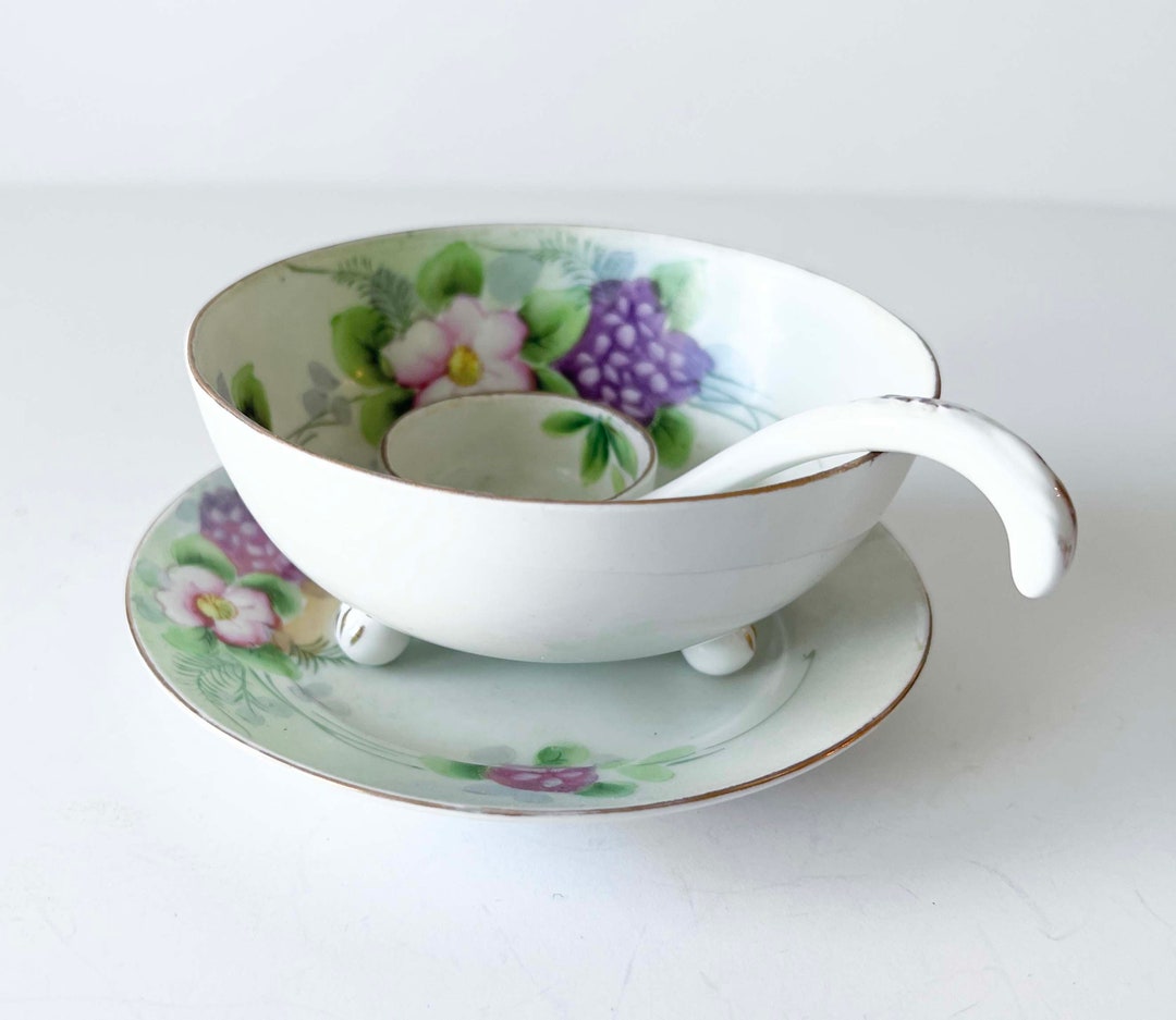 Antique Condiment Bowl With Saucer and Spoon, Mento China Hand Painted