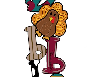 Puede incluir: Una obra de arte de palabras de temática de Acción de Gracias colorida con la palabra "Giblet" escrita en una fuente caprichosa. Las letras están decoradas con lunares, rayas y una ilustración de pavo.