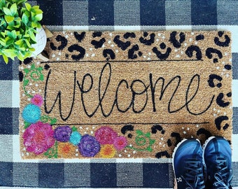 Painted Coir Doormat- Welcome with flowers and animal print 30x17- porch mat- front door mat