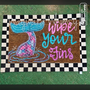 Handlettered Coir door mat- Mermaid tail- wipe your fins- summer door mat  30x17
