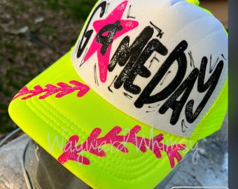 Game Day softball- Handpainted mesh back trucker hat- baseball cap- snap back- High School- Team Spirit- custom hat- painted apparel