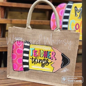 Teacher pencil Hand painted jute canvas tote bag reusable tote purse diaper bag image 2