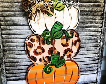 Stacked Pumpkin sign with animal print Wood Cut Out Door Hanger