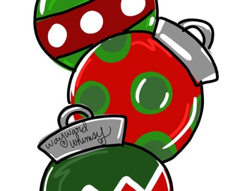 May include: Three Christmas ornaments stacked on top of each other. The top ornament is green with red stripes and white polka dots. The middle ornament is red with green polka dots. The bottom ornament is green with a red zig-zag pattern and white polka dots. The bottom ornament has the text "Wayward Whimsy" written on it.