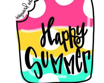 May include: A pink, yellow, and blue popsicle with white polka dots and the text "Happy Summer" in black. The popsicle has a bite taken out of the top.