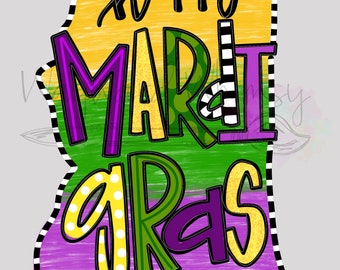 May include: A colorful sign with the text "happy mardi gras" in a stylized font. The sign is decorated with yellow, green, and purple stripes and polka dots.