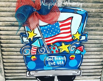 God Bless America Truck with Fireworks Door hanger