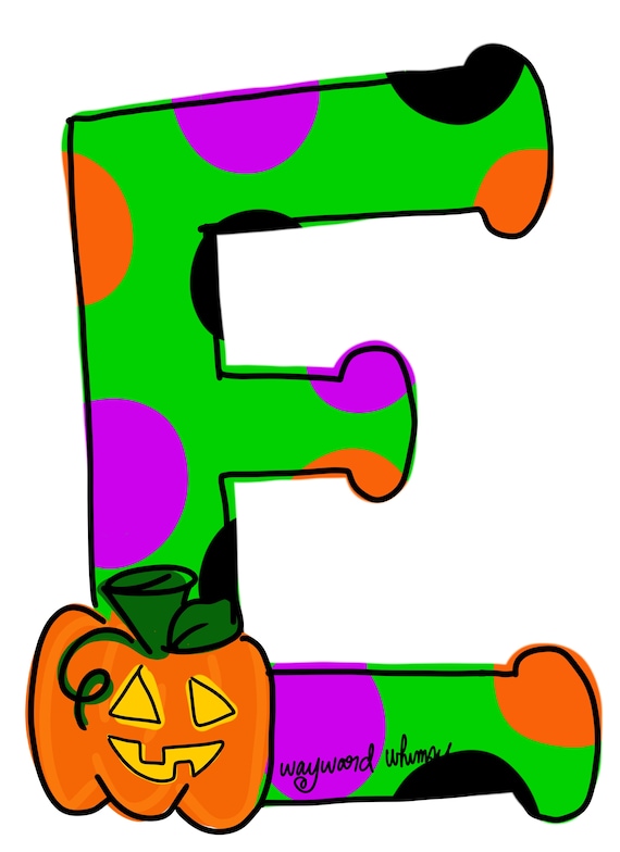 letter e with pumpkin fall thanksgiving halloween whimsical font door hanger downloadable file printable template halloween letter template
