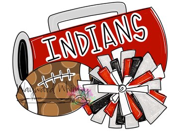 Peut inclure: Pompons de majorettes rouges et blancs, un ballon de football brun et blanc et un mégaphone rouge avec le mot "INDIANS" écrit en noir.