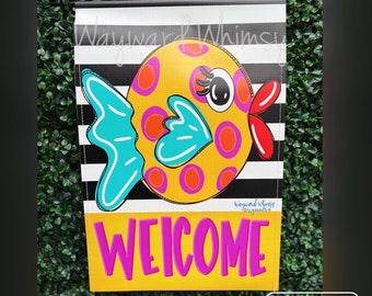 Welcome Fish Garden flag- hello- welcome- 12x18 double sided printed vinyl garden flag- lake- beach- River- pool