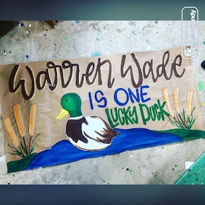 Hand painted custom Lucky Duck theme  Birthday Banner- Kraft paper banner- party decor- party sign- backdrop