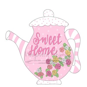 May include: Pink teapot with white polka dots and a striped handle. The teapot has a floral design and the words "Sweet Home" written on it.