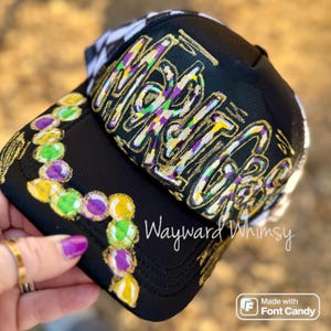 Custom Mardi Gras Trucker Hat Sequin & Chenille Patch Snapback Glittered Mardi Gras Trucker Hat: Sequin Parade Patch, Adult  main image 2