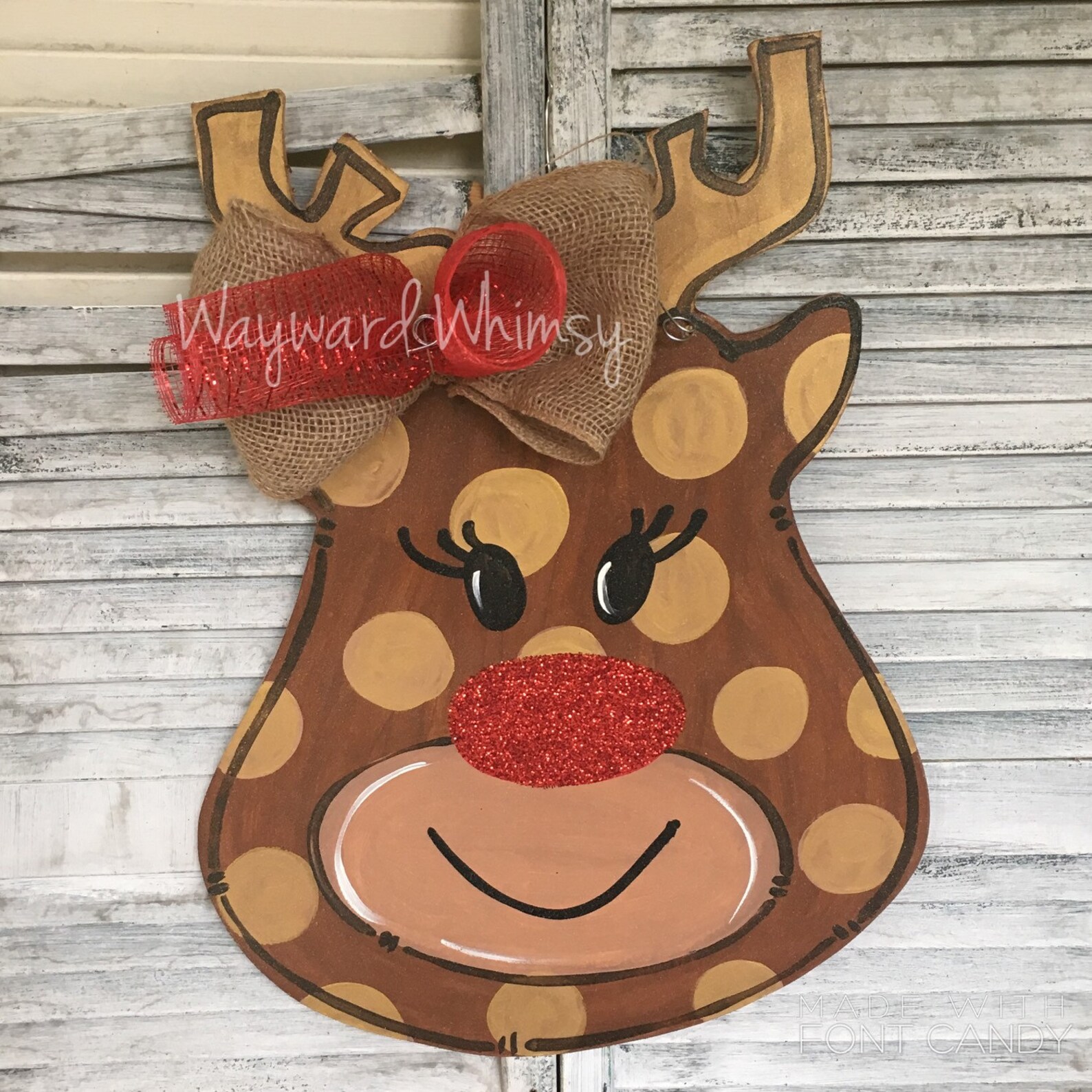 Rudolph With Glitter Nose Wood Cut Out Door Hanger - Etsy
