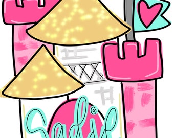 May include: A pink and yellow castle with a gold glitter roof and a flag with a pink heart. The castle has a pink door with the name "Sadie" written in turquoise.