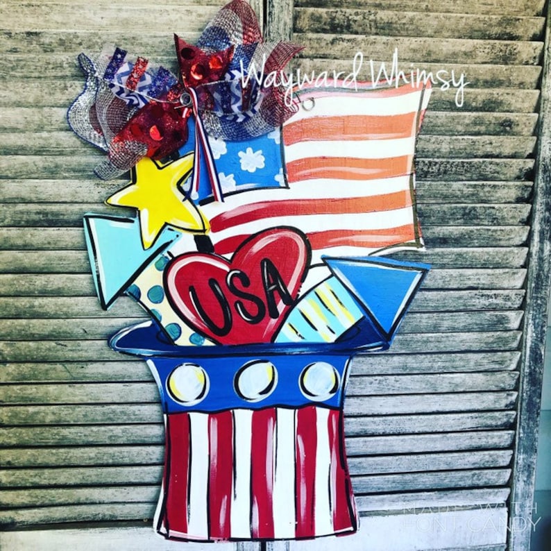 Patriotic bouquet in Uncle Sam hat wooden Door hanger