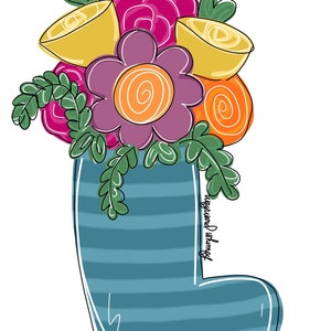 May include: A blue striped rain boot with a bouquet of colorful flowers, including yellow, orange, pink, and purple flowers.